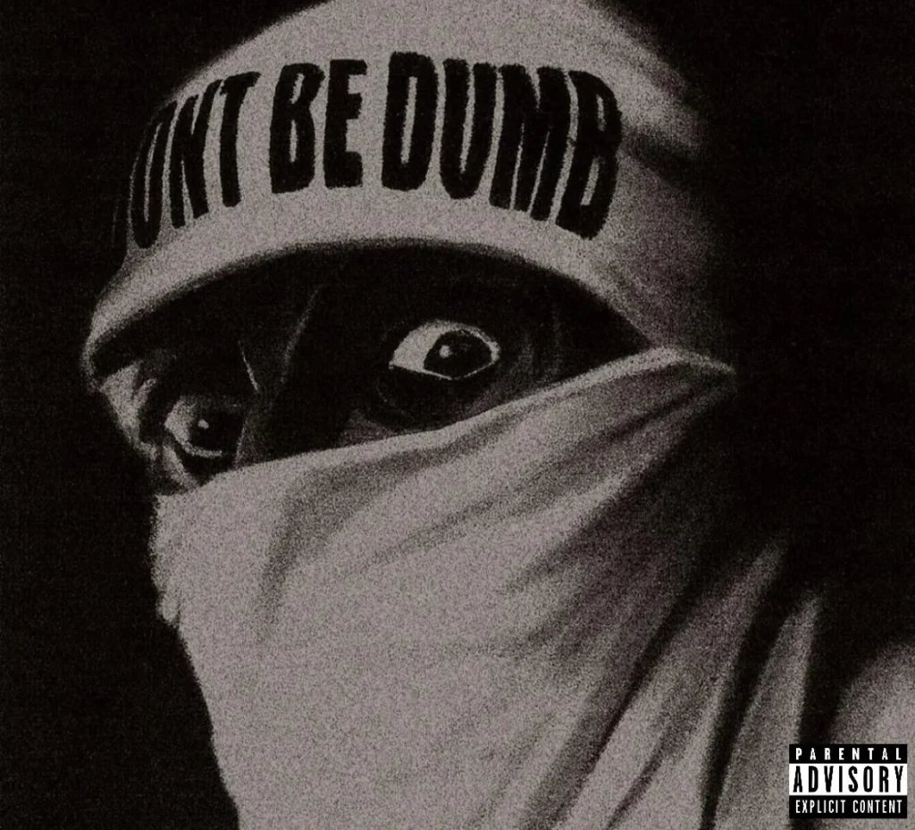 Close-up, grainy black and white image of a person with their face mostly covered by a white mask or bandana. Their wide, intense eyes are visible, and a black headband or hat with the words "DONT BE DUMB" printed across the forehead. A Parental Advisory Explicit Content logo is visible in the bottom right corner.