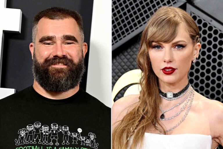Composite image showing Jason Kelce (left), smiling with a beard and a black t-shirt, alongside Taylor Swift (right), wearing a white dress and red lipstick, accessorized with layered necklaces.