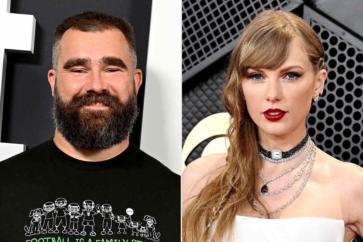 Composite image showing Jason Kelce (left), smiling with a beard and a black t-shirt, alongside Taylor Swift (right), wearing a white dress and red lipstick, accessorized with layered necklaces.