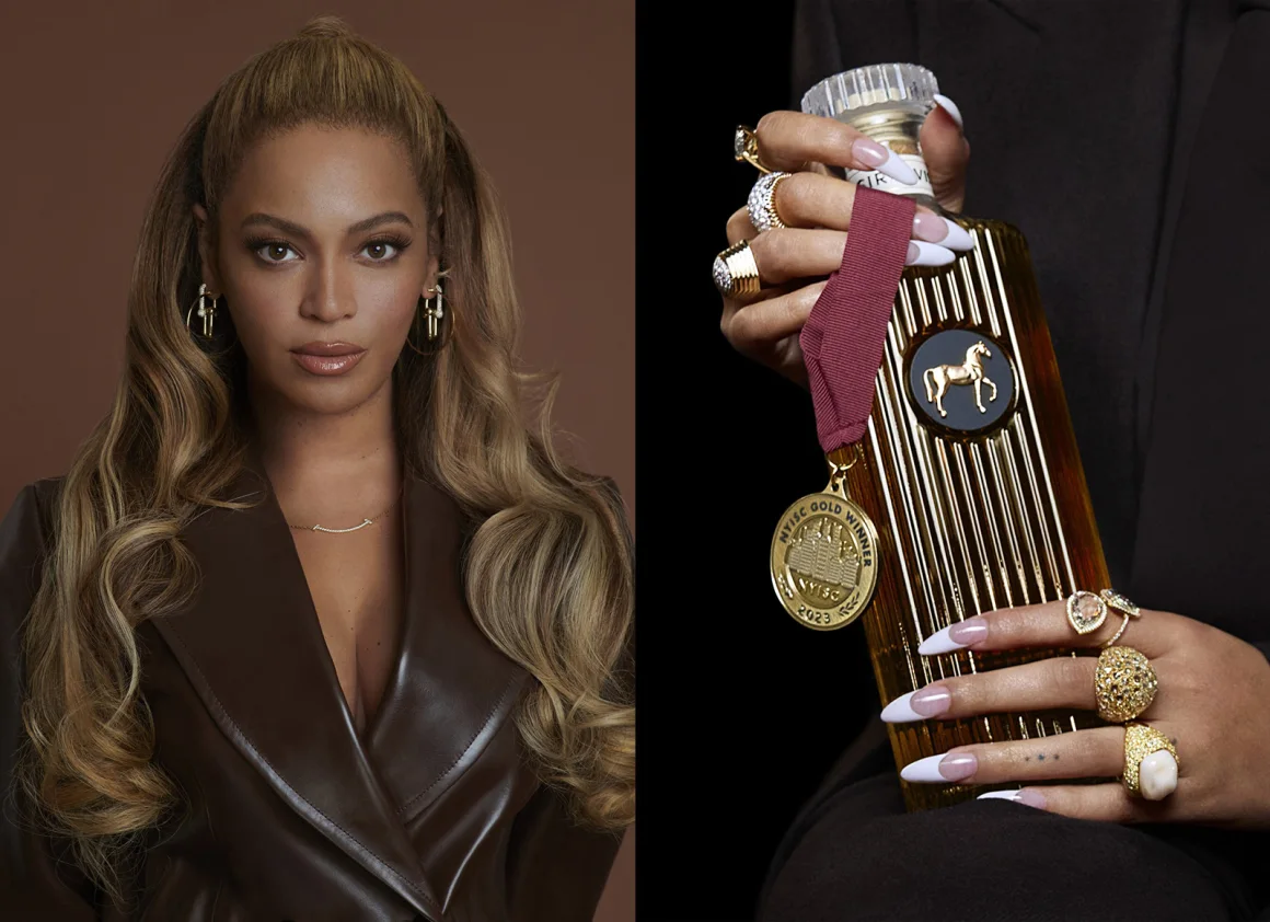 Split image promoting the SirDavis whisky launch. On the left, Beyoncé poses, wearing a brown leather jacket with long, wavy blonde hair. On the right, a hand (presumably Beyoncé's) holds the gold-toned SirDavis whisky bottle, which features a bronze horse logo and a gold "Best Gold Winner" medal on a burgundy ribbon.
