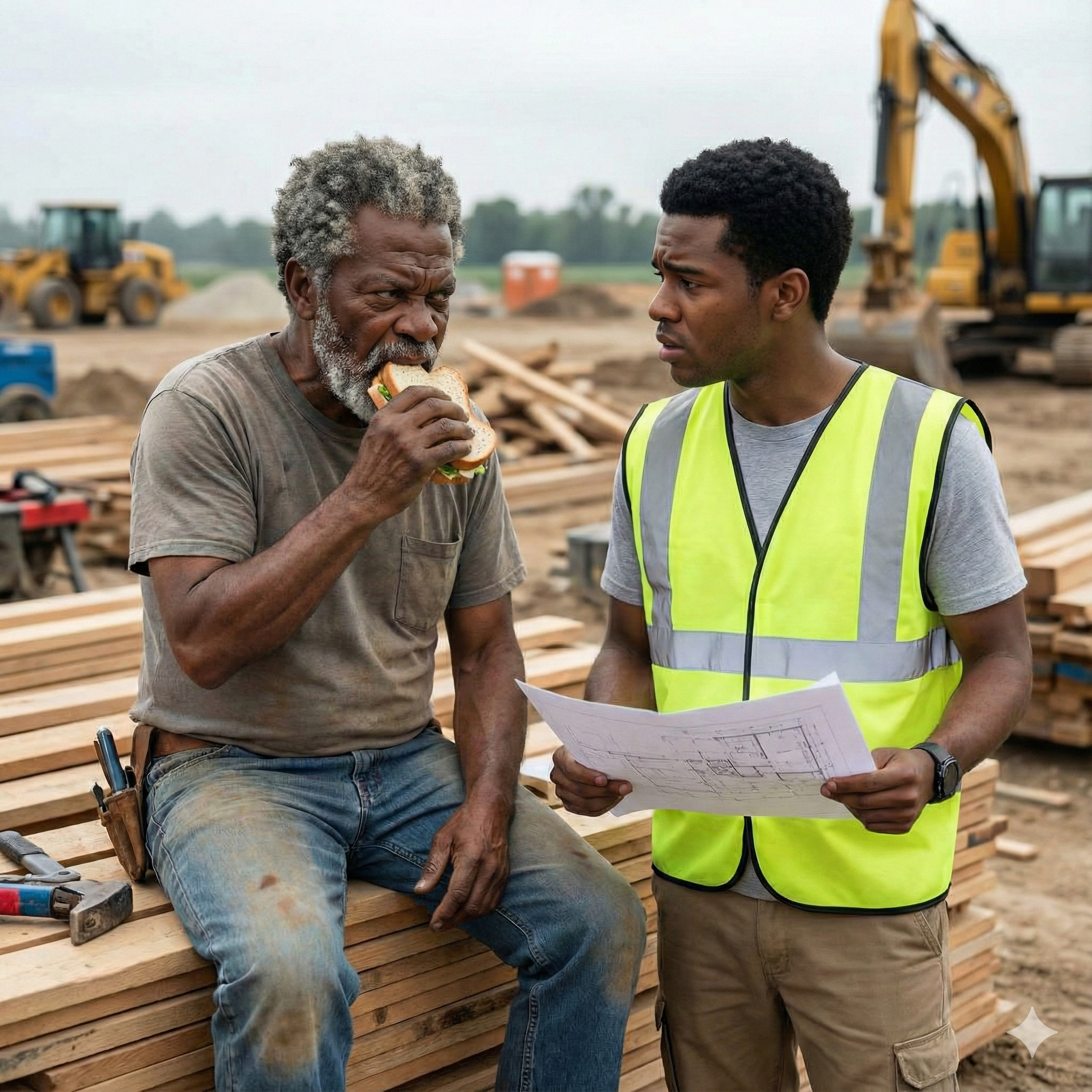 Realistic photo of an older Black construction worker eating a sandwich and glaring at a younger Black new hire seeking assistance at a job site