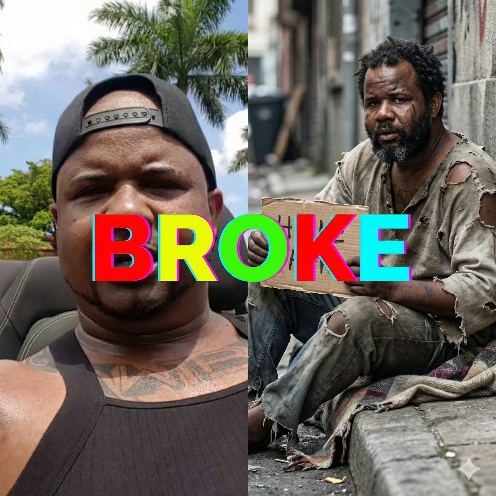 Split screen graphic featuring Nino Brown in a luxury car on the left versus a depiction of homelessness on the right, with the word BROKE in bold colorful letters, illustrating the financial struggle story.