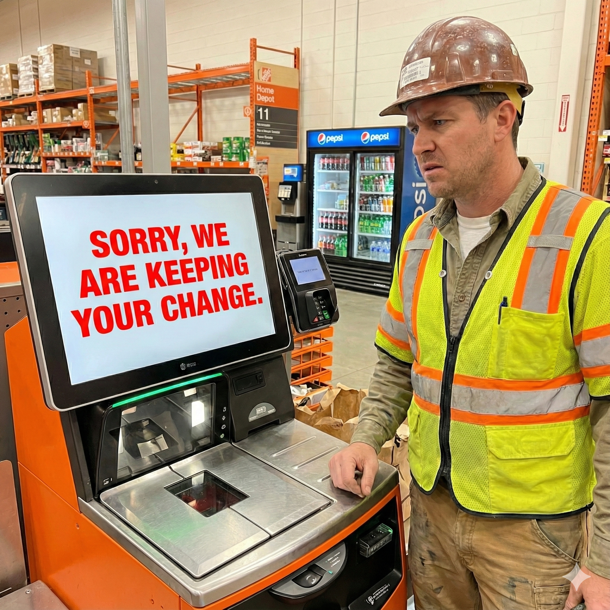 A white construction worker looking at a self-checkout kiosk screen that displays the message "Sorry we are keeping your change," illustrating the controversy over store coin policies.