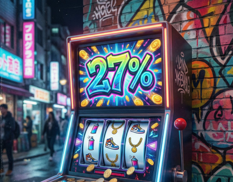 Urban-style slot machine displaying '27%' in neon graffiti lettering against a city street background, symbolizing the gamble of stealing at self-checkout