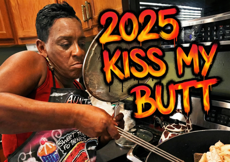 Auntie Fee cooking in her kitchen wearing a colorful apron and holding a large strainer over a pot, with fiery graffiti-style text overlay reading "2025 KISS MY BUTT"