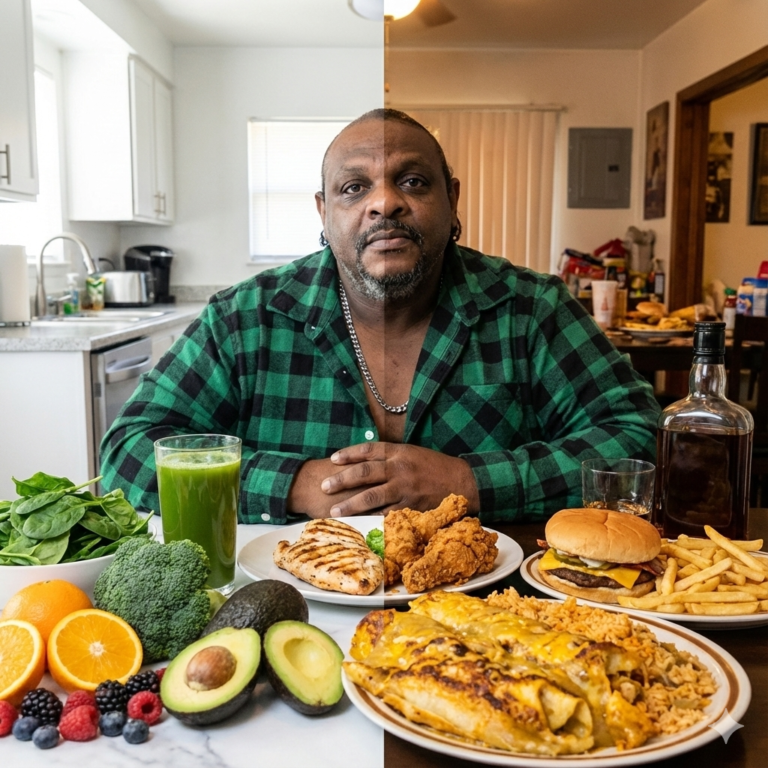 Tony-Yo-Man drinking from a large glass and sitting in front of a plate heaped with two large, cheese-covered enchiladas and seasoned rice.