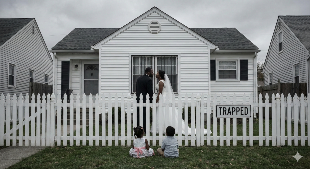 Alt text for the image: A somber photograph shows a Black couple in wedding attire standing behind a white picket fence, framing them in front of a small, white suburban house under a grey sky. A sign hanging on the fence next to them reads "TRAPPED." Two young Black children are sitting on the grass in the foreground, looking up at the couple