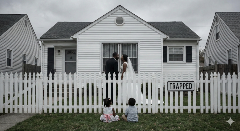 Alt text for the image: A somber photograph shows a Black couple in wedding attire standing behind a white picket fence, framing them in front of a small, white suburban house under a grey sky. A sign hanging on the fence next to them reads "TRAPPED." Two young Black children are sitting on the grass in the foreground, looking up at the couple