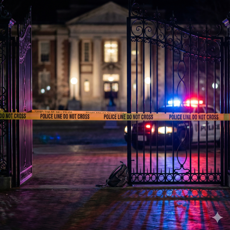 A dramatic, moody illustration of a university campus at night, illuminated by the harsh glare of red and blue police emergency lights. In the foreground, yellow "CRIME SCENE" tape crosses the frame, blurring out the academic buildings in the background, symbolizing the tragic interruption of safety at Brown University