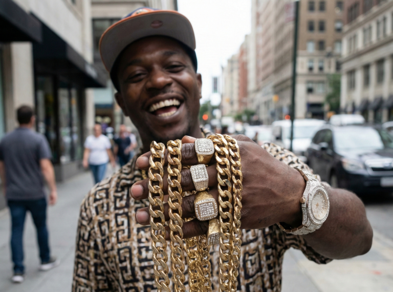 A realistic medium shot of a smiling Black man standing on a busy city street during the day. He is enthusiastically holding up a handful of thick gold chains towards the camera while wearing multiple oversized, diamond-encrusted rings and a large, flashy watch on his wrist. He is wearing a patterned button-down shirt and a baseball cap
