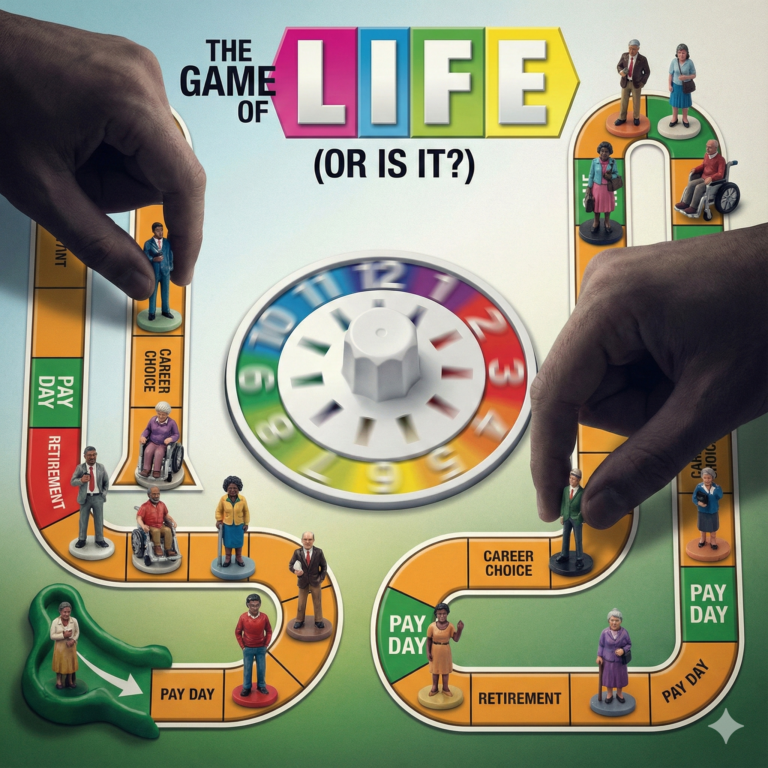 Overhead view of a custom board game titled "THE GAME OF LIFE (OR IS IT?)". Large hands manipulate diverse miniature person-figures along the path past a central spinning wheel, illustrating the theme of whether players are truly in control of their destiny or being played by the game.