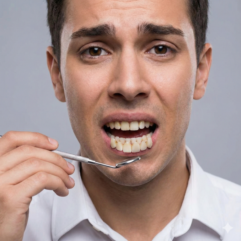 A hyper-realistic close-up of a distraught, attractive young person looking into a mirror with tears in their eyes. They are holding a hand near their mouth, revealing several bright white veneers that are loose, crooked, and falling out, illustrating the disastrous results of a botched dental procedure
