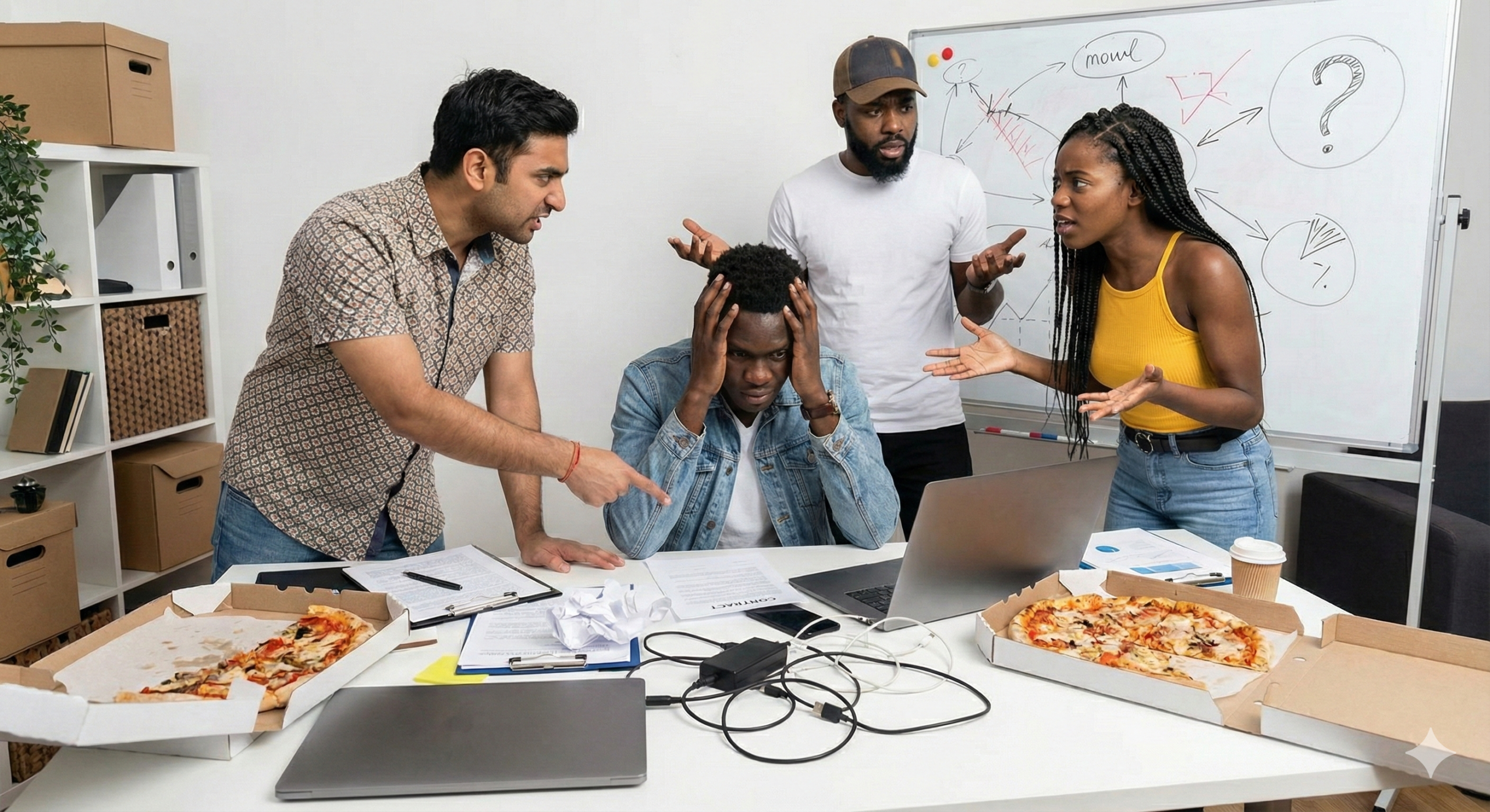 A chaotic scene of a diverse group of four friends turned business partners—including an Indian man, two Black men, and a Black woman—arguing intensely around a cluttered office desk. They look stressed and confused, with fingers pointed and paperwork scattered, illustrating the conflict and blurred boundaries of working with friends in business