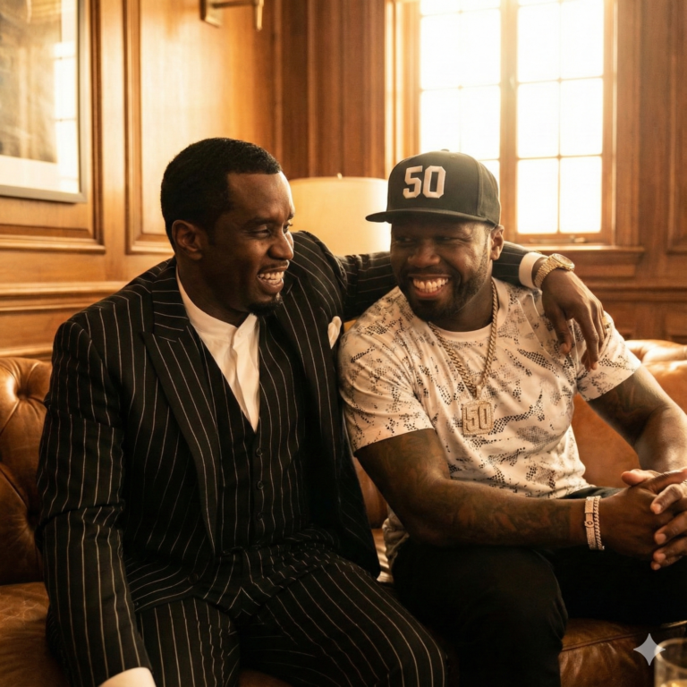 mage showing 50 Cent and Sean "Diddy" Combs sitting together on a leather couch, smiling and laughing as if they are close friends.
