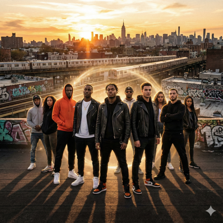 A gritty, stylized urban illustration featuring a group of figures standing in a dimly lit street setting with atmospheric smoke and streetlights, capturing the dark, energetic Memphis hip-hop aesthetic of the Who Run It Three 6 Mafia era.