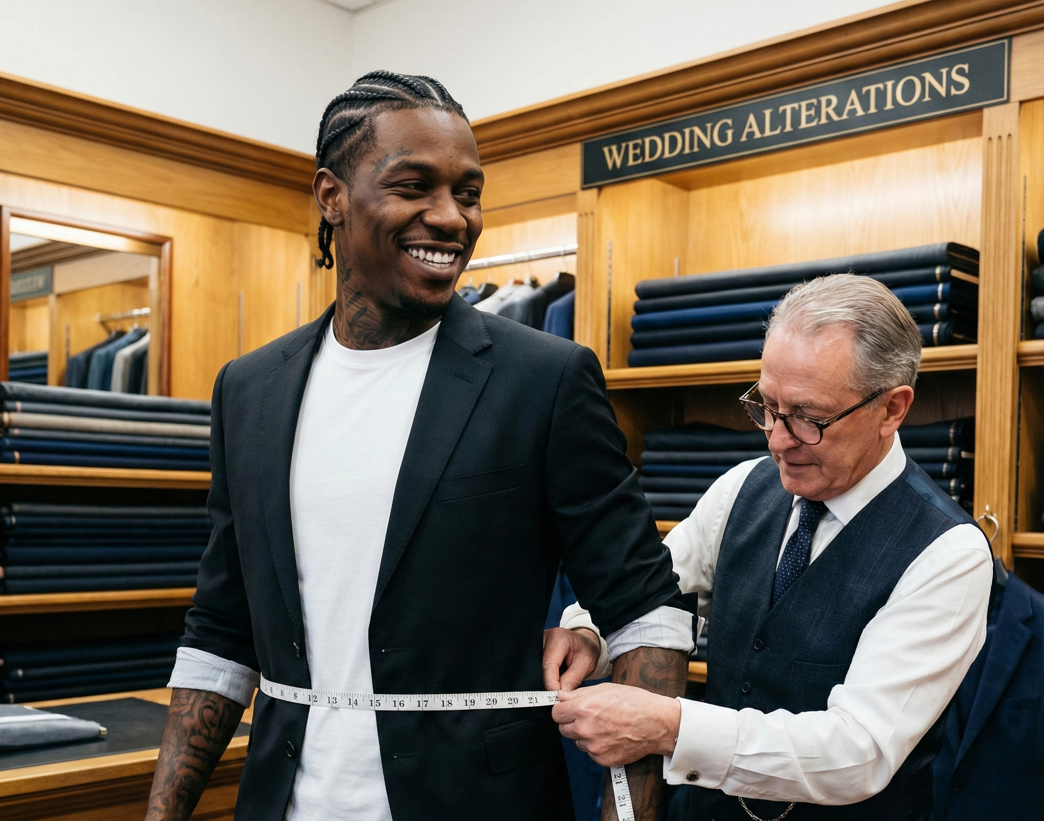 A stylish Black man with braids and tattoos smiling while being measured by a professional tailor for a custom wedding suit in a shop