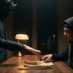 A moody, dimly lit photograph taken in a recording studio, showing a figure in a suit with horns and a dark mask handing an old parchment contract to a young rapper in a hoodie. The rapper's finger is dripping blood onto the paper as he prepares to sign it next to a desk lamp and microphone, symbolizing a "deal with the devil" in the music industry