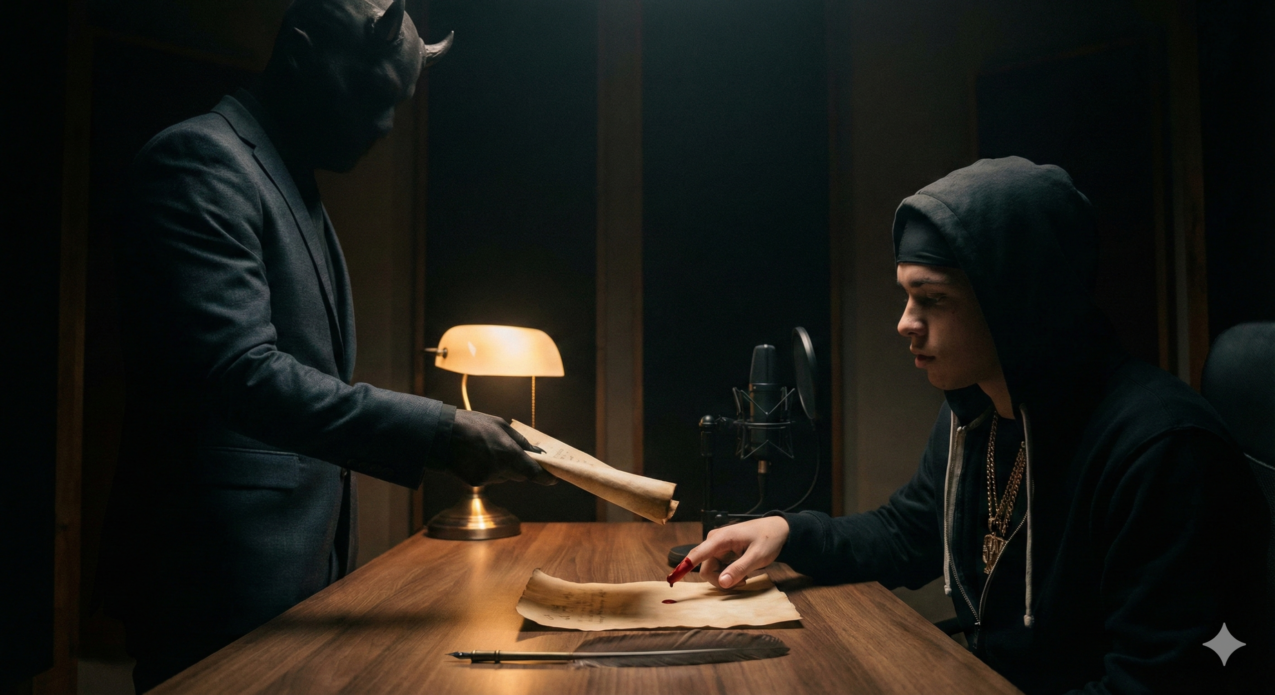 A moody, dimly lit photograph taken in a recording studio, showing a figure in a suit with horns and a dark mask handing an old parchment contract to a young rapper in a hoodie. The rapper's finger is dripping blood onto the paper as he prepares to sign it next to a desk lamp and microphone, symbolizing a "deal with the devil" in the music industry