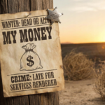 A dramatic, high-contrast close-up of a crumpled paper invoice sitting on a dark desk, stamped with a bright red "PAID" mark that has been crossed out, symbolizing a payment dispute and broken promises