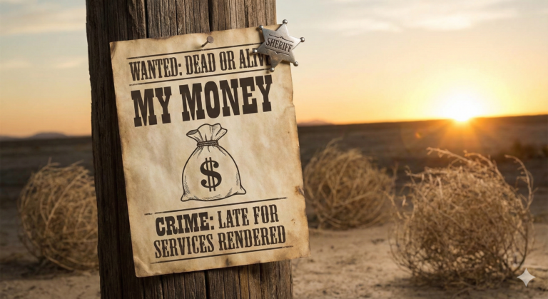 A dramatic, high-contrast close-up of a crumpled paper invoice sitting on a dark desk, stamped with a bright red "PAID" mark that has been crossed out, symbolizing a payment dispute and broken promises