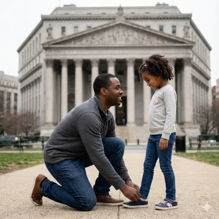 A heartwarming medium shot of a Black father helping his young daughter tie her shoelaces on a park bench. In the background, a blurred courthouse building stands as a symbol of the systemic challenges they are ignoring to focus on their bond, effectively challenging Black Fatherhood Stereotypes