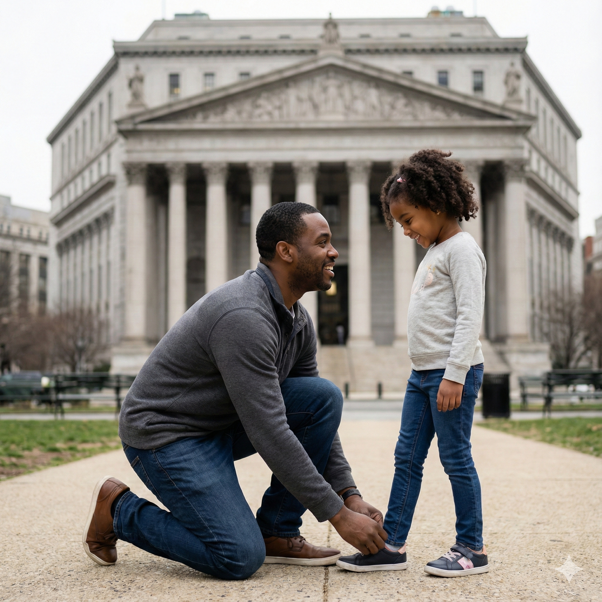 A heartwarming medium shot of a Black father helping his young daughter tie her shoelaces on a park bench. In the background, a blurred courthouse building stands as a symbol of the systemic challenges they are ignoring to focus on their bond, effectively challenging Black Fatherhood Stereotypes