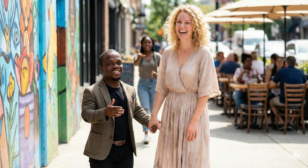 A Black man with dwarfism and a tall White woman holding hands and smiling while walking outdoors. In the background, a Black woman is visible hurrying to catch up to the couple
