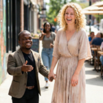 A Black man with dwarfism and a tall White woman holding hands and smiling while walking outdoors. In the background, a Black woman is visible hurrying to catch up to the couple